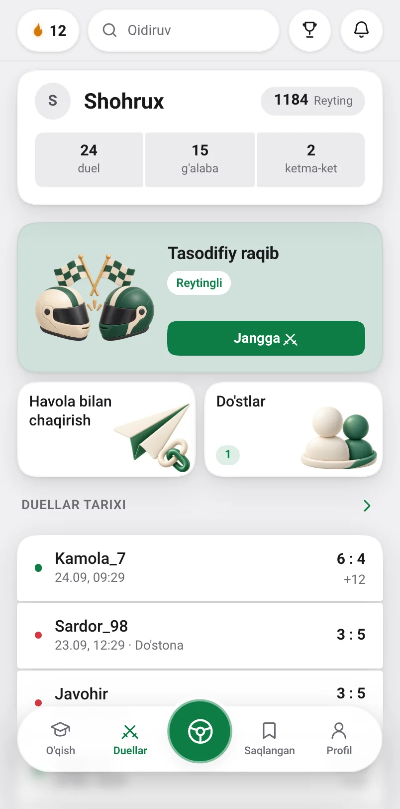 «Duellar» boʻlimi: doʻstni chaqirish, tasodifiy raqib va reyting